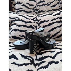 Vintage Colin Stuart Y2K Black Leather Wooden Platform Mules Studded Heel Size S
